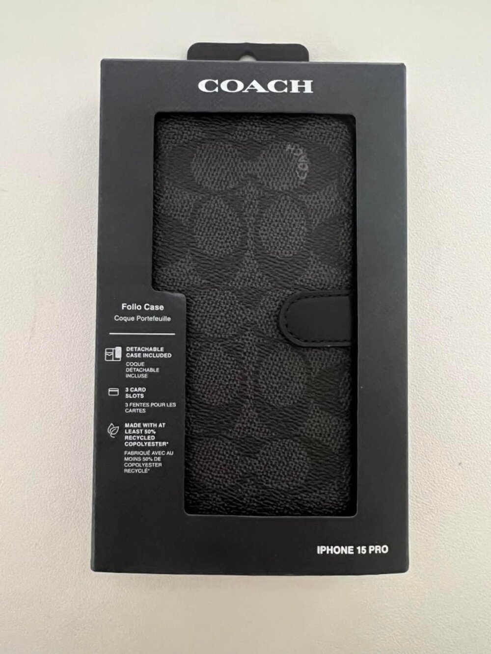 Coach Signature Canvas Folio with Detachable Case for iPhone 15 Pro in Charcoal